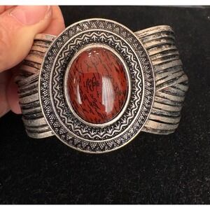 Western Red Jasper Style Stone Silver Tone Multi Strand Cuff Bracelet Boho